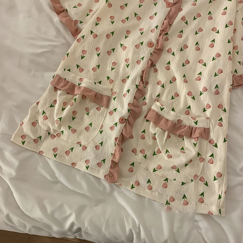 Lace Round Necked Pajamas For Women 2024 New Short Sleeves Shorts Ruffles Female Sleepwear Sets Korean Floral 2Pcs Night-clothes