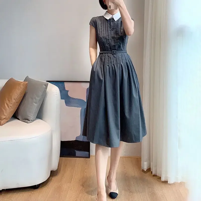 

Dresses Short Sleeved Commuting Pleated Dress for Spring and Summer, New Short Sleeved Waistband A-line Skirt Dress for Women