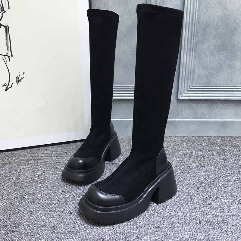 Faux Suede Knee High Platform Boots Women Sexy Thick Mid Heels Shoes Autumn Winter Fashion Designer Round Toe Punk Long Botas