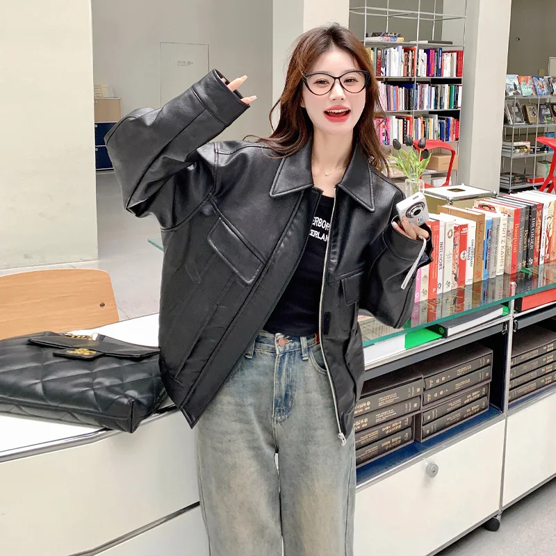 여성용 아메리칸 빈티지 블랙 PU 가죽 코트, 용수철 가을 아우터, 스몰 패션 캐주얼 오토바이 재킷, 2024 신상