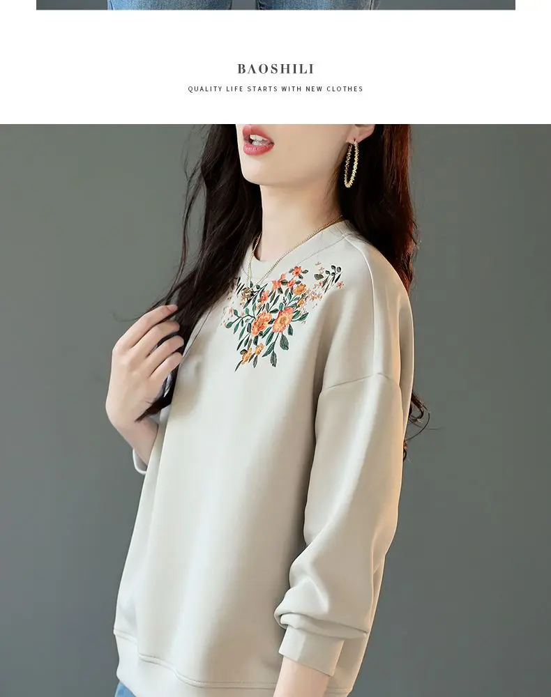 Women's Clothing 2022 Solid Embroidery Printing Round Neck Loose Autumn
