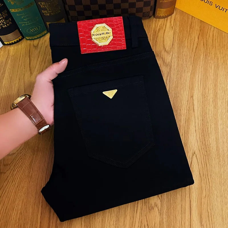 2024 New All-Matching Jeans Men's Black White High-End Fashion Business Casual Stretch Slim Trousers