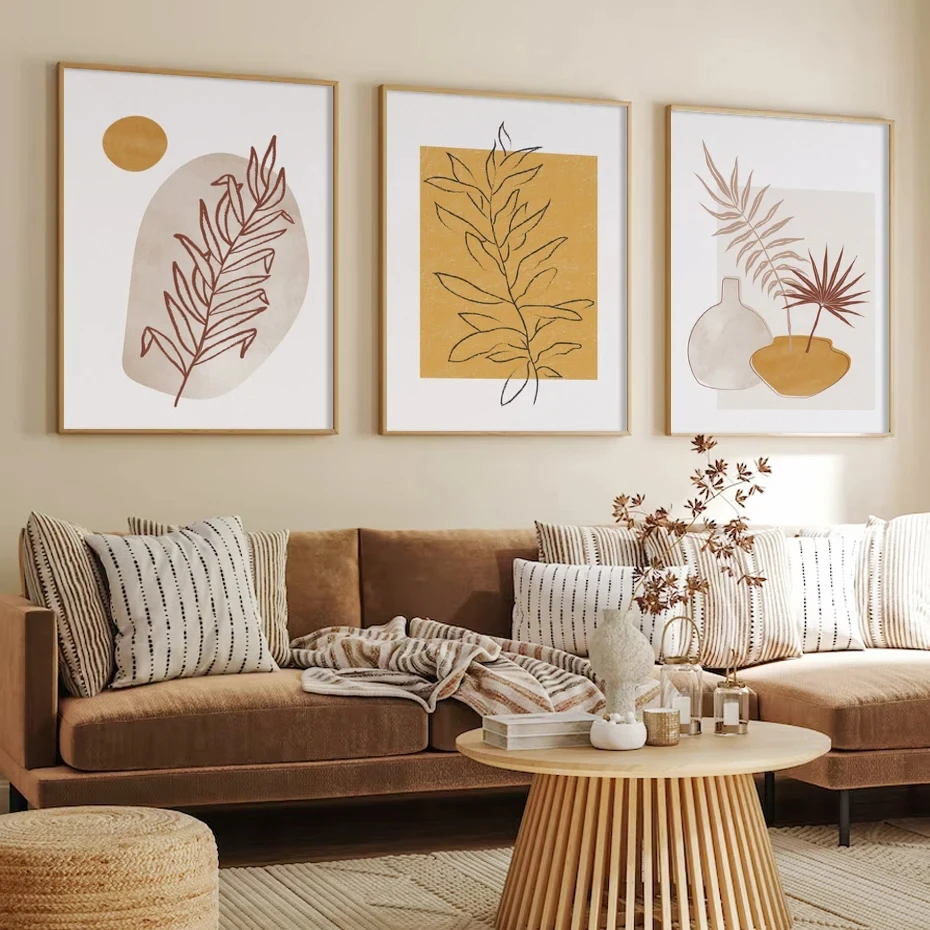 

Boho Abstract Yellow Leaf Foliage Pots Poster Minimalist Wall Art Print Picture Botanical Canvas Painting Living Room Home Decor