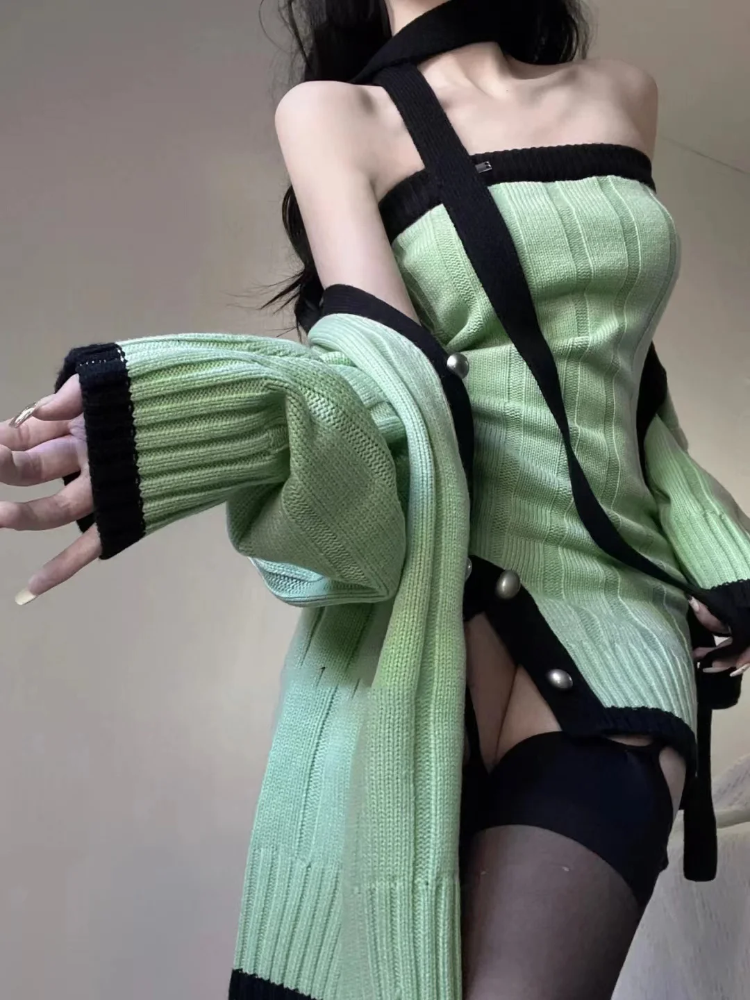 방도 슬림 캐주얼 가디건 탑 + 미니 드레스, 가을 그린 니트 슈트, 한국 패션 의류, Even Party 2 Piece 드레스 세트, Y2k