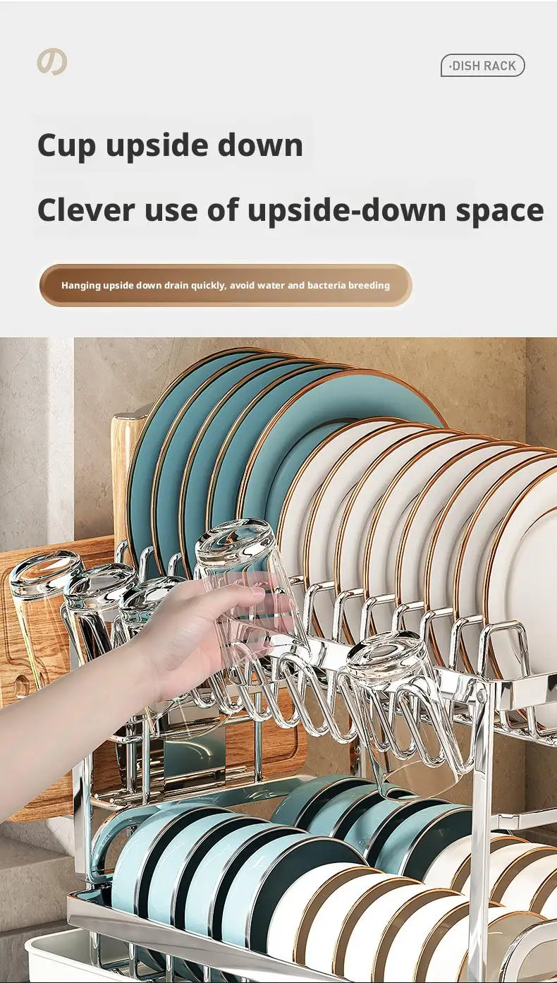 Dish Drying Rack - 2 Tier Stainless Steel Over Sink Shelf with Utensil Holder