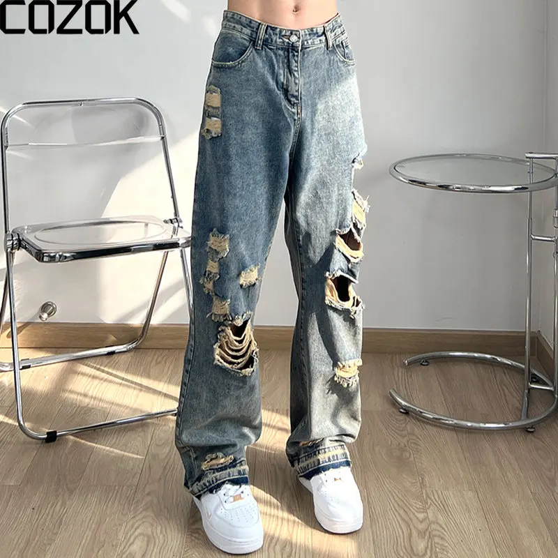 

Ripped Jeans Men Fashion High Street Washed Oversize Hip Hop Denim Straight Trousers Loose Distressed Bottoms Unisex 2022