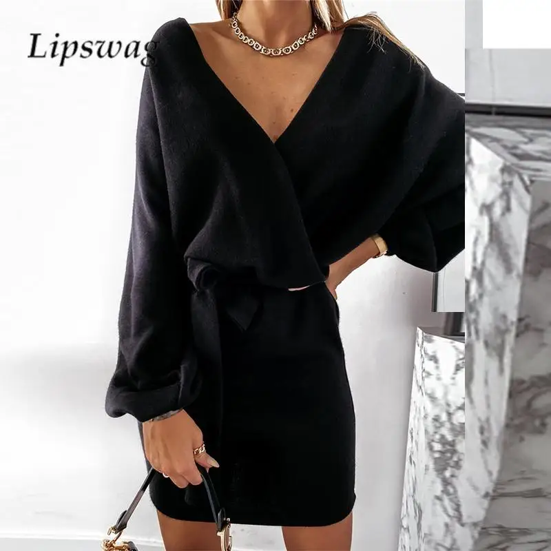 

Casual Ladies Slim Knitted Pullover Dress Fashion V Neck Long Sleeve Lace-up Dress Autumn Winter Warm Women Solid Color Dresses