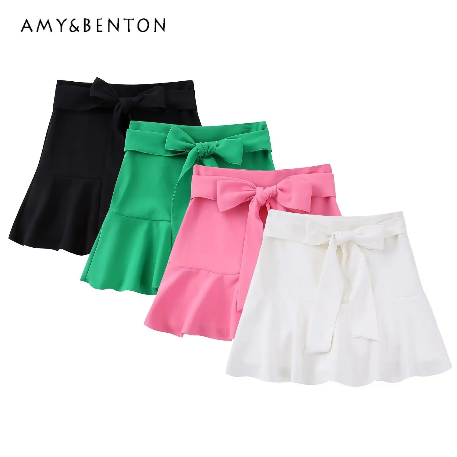 

Women's New 2023 Early Spring European and American Solid Color Short Skirt High Waist Bow Tied Lotus Leaf Culottes Skirt