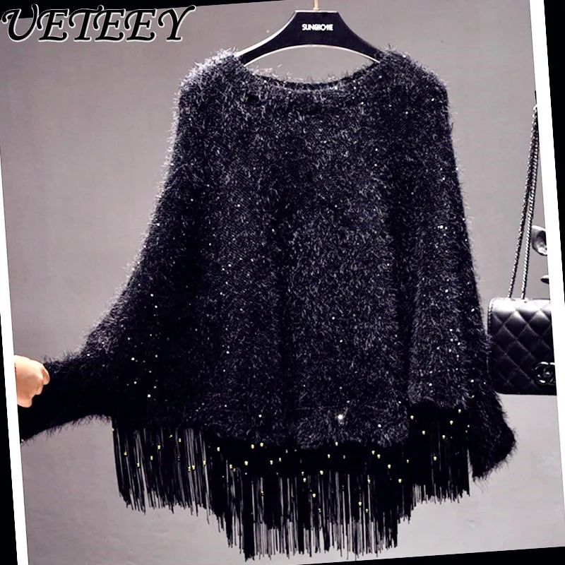 

Autumn Winter Sequins Tassels Loose-Fitting Cape Shawl Pullover Thickened Knitting Coat Crew Neck Bat Sleeve Ladies Sweater