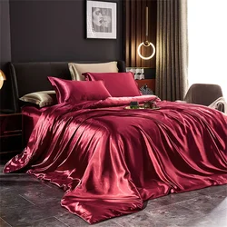 Luxurious Solid Silk Satin Bedding Set with Duvet Cover and Pillowcases - Full Size 4pcs (Wine Red)