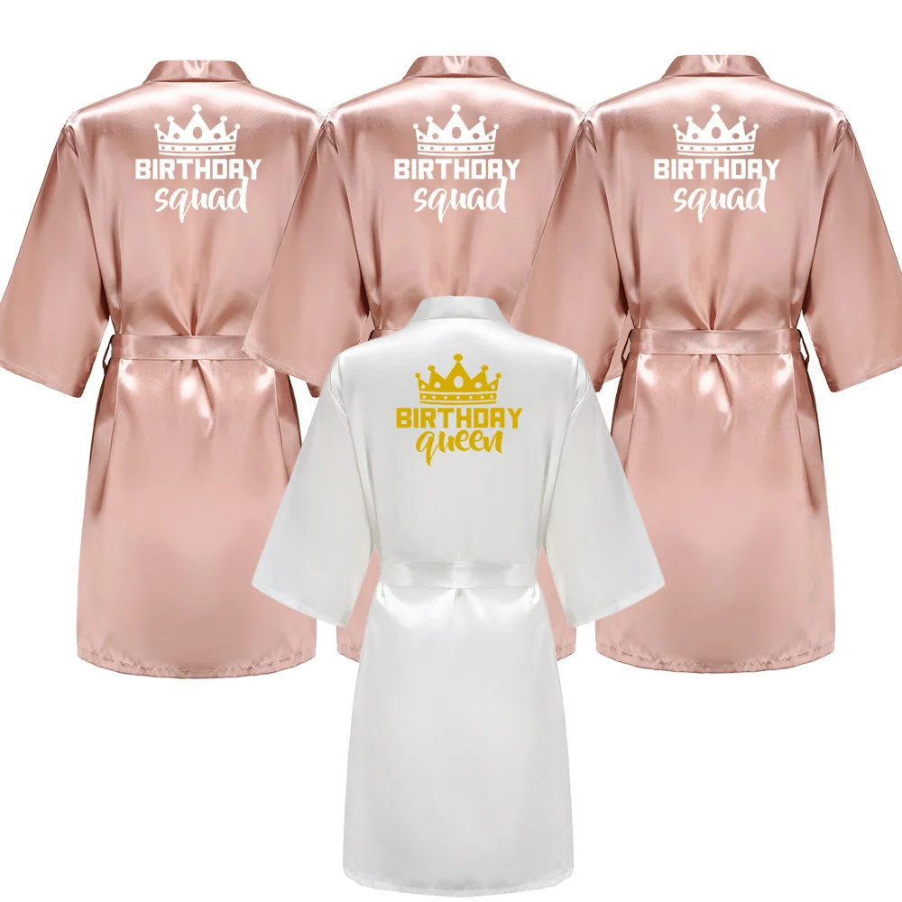 Women Sleepwear Silk Robe Sleepwear Pajamas Cotton Bathrobe Birthday Party Queen Squad Robes Satin Pamas Dressing Gown White Writing Kimono Bathrobe