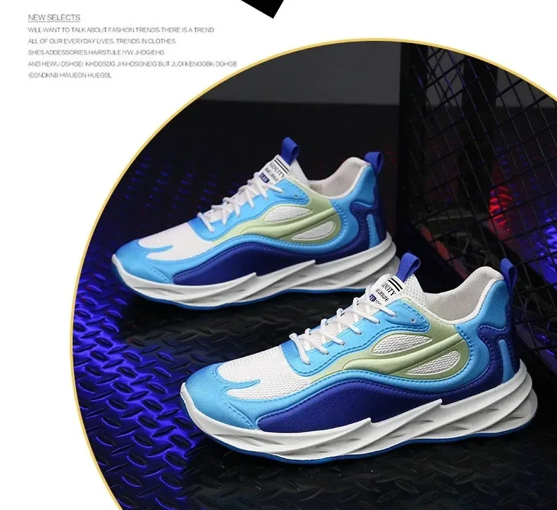 summer men's breathable fabric sports shoes with thick sole, casual Korean style sneakers for comfort and trendy looks. blue 21546