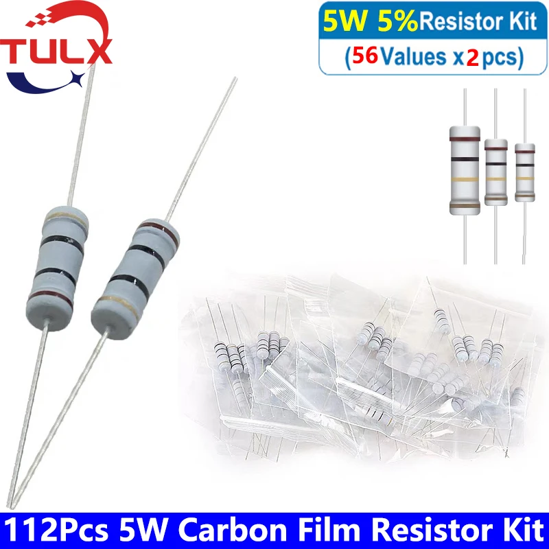 

112Pcs/Pack 5W Carbon Film Resistor Assortment Kit Set 5% 56 Value*2Pcs Resistors Kit 1R-150R-680K-1Mohm Color Ring Resistance