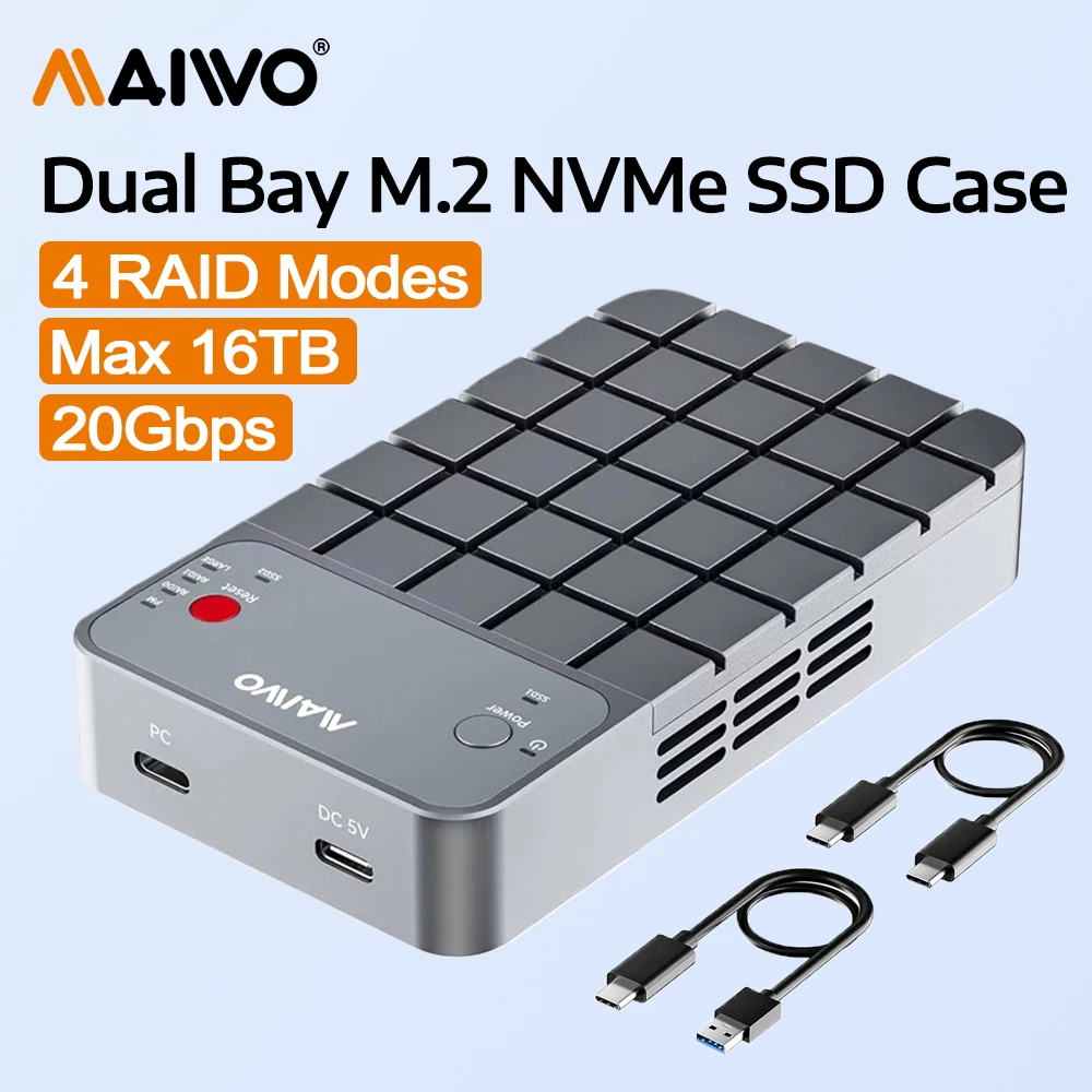 마이워 RAID NVMe 인클로저 USB3.2 GEN2x2 20Gbps 듀얼 베이 M.2 NVME SSD 케이스 리더 (RAID 0/1/PM/JBOD 지원, 쿨링 팬, 알루미늄 케이스)
