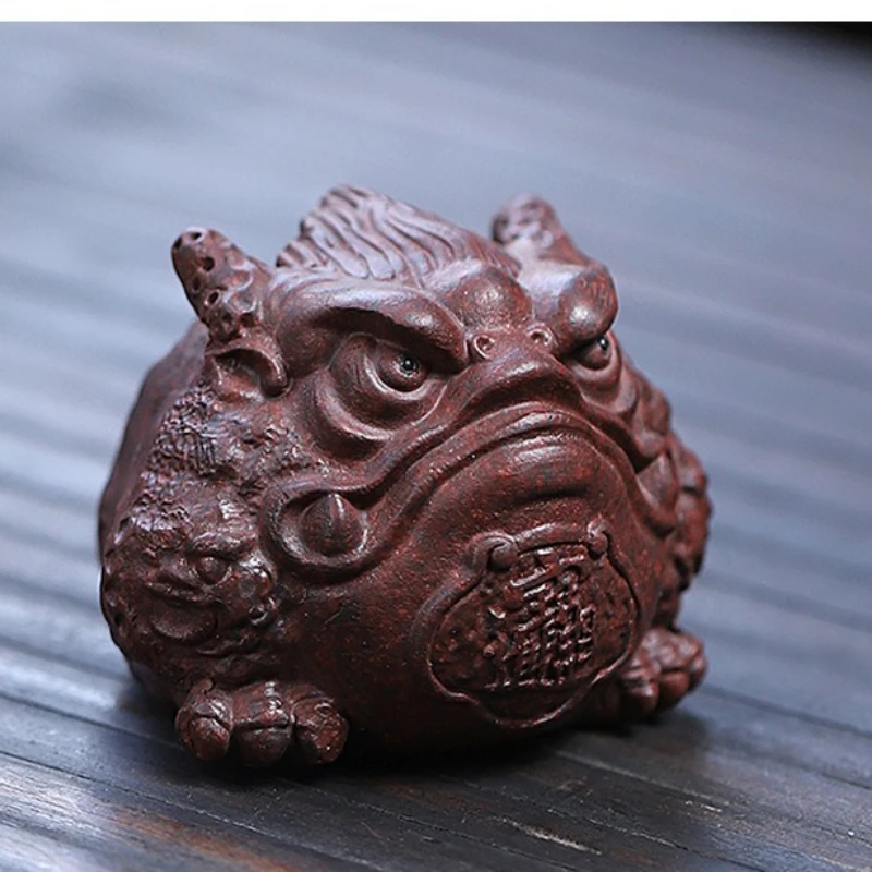 Handmade Yixing Purple Clay Tea Pet - Lucky Dragon Toad, Iron-Red Sand, Glossy Finish, Wealth Attracting, Authentic Teaware