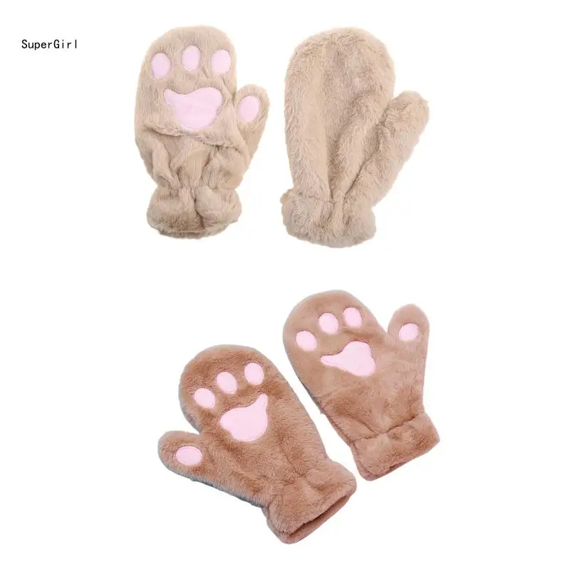 

Women Student Winter Fuzzy Plush Full Finger Gloves Cartoon for Cat Paw Solid Color Outdoor Windproof Snow Ski Mitt