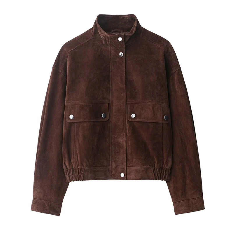 TFMLN Women' Pockets Suede Bomber  Jacket Long Sleeve Zipper Autumn Winter Stand Collar Short Coat 2025 Fashion Outerwear