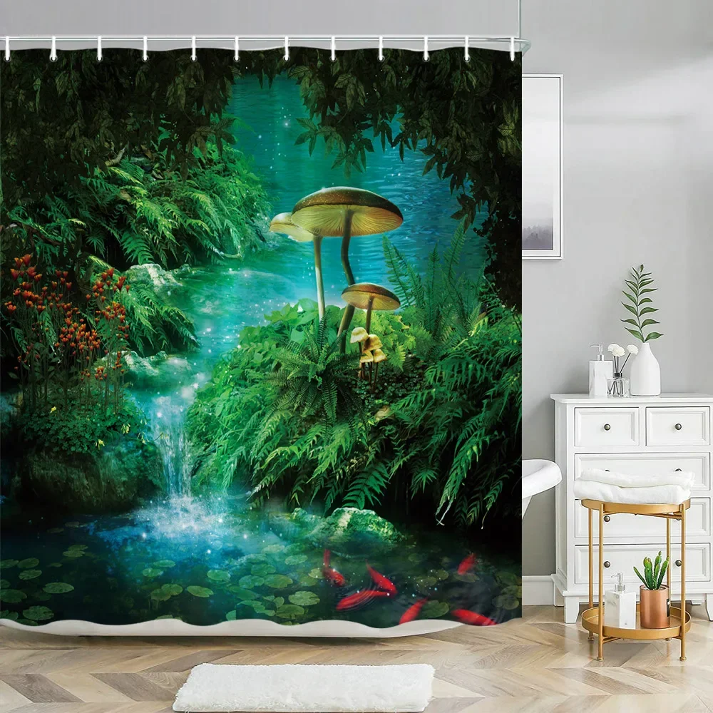 

Fantasy Mushroom Shower Curtains Fairy Forest Tree Gothic Panel Jungle Green Zen River Bathroom Decor Shower Curtain With Hooks