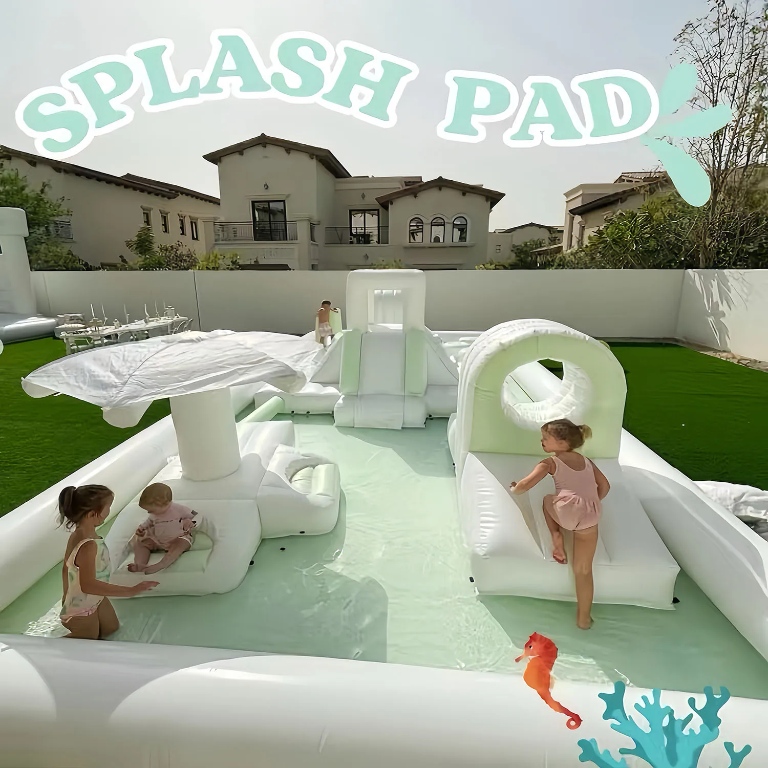 Inflatable water slide 20&times;13FT Inflatable White Splash Pad Water Obstacle Course Outdoor Splash Pool Soft Play Equipment Inflatable Pool for Kids