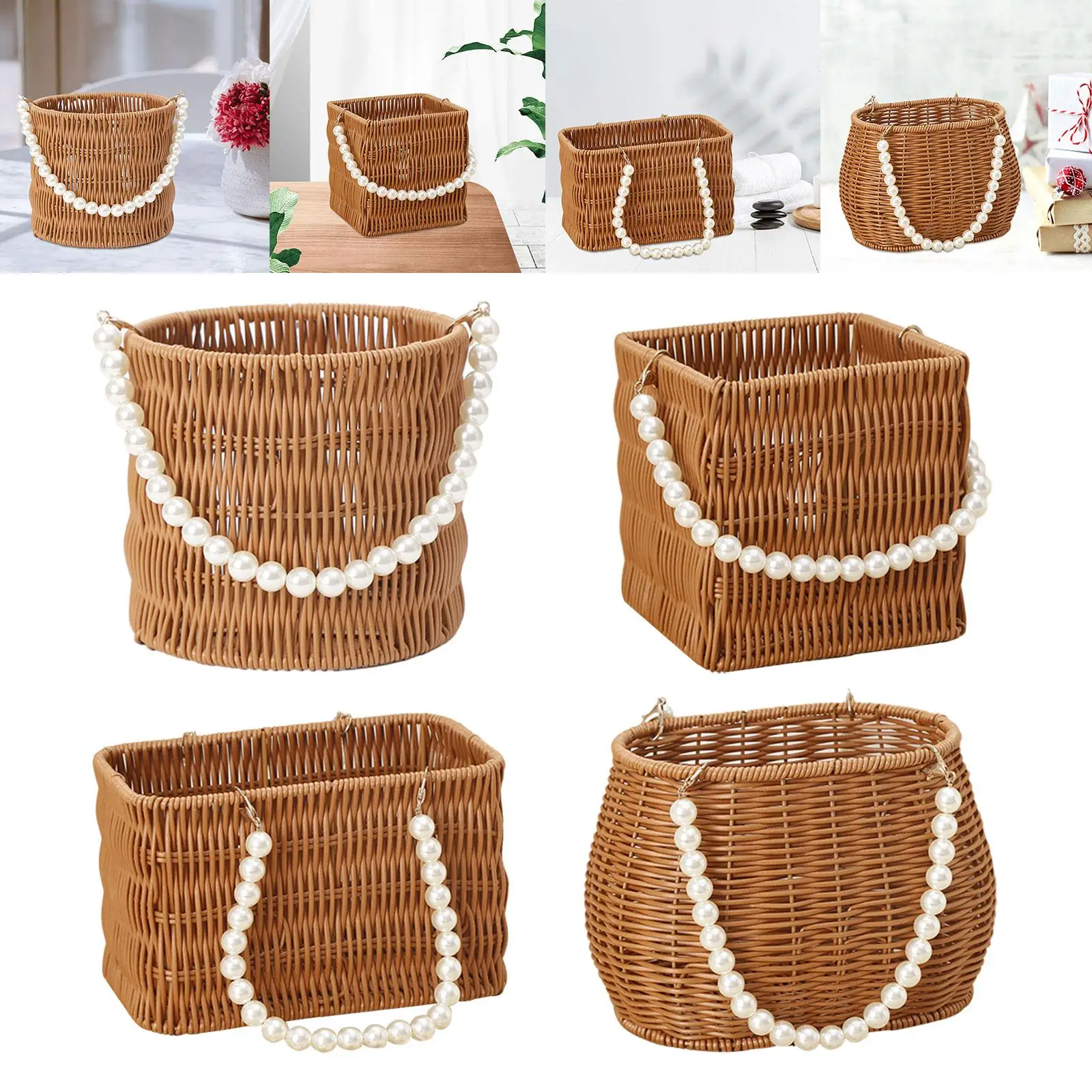 Imitation Rattan Basket Flower Basket Artificial Pearl Handle Stylish Appearance Versatile Picnic Basket for Lotions Toiletries 4