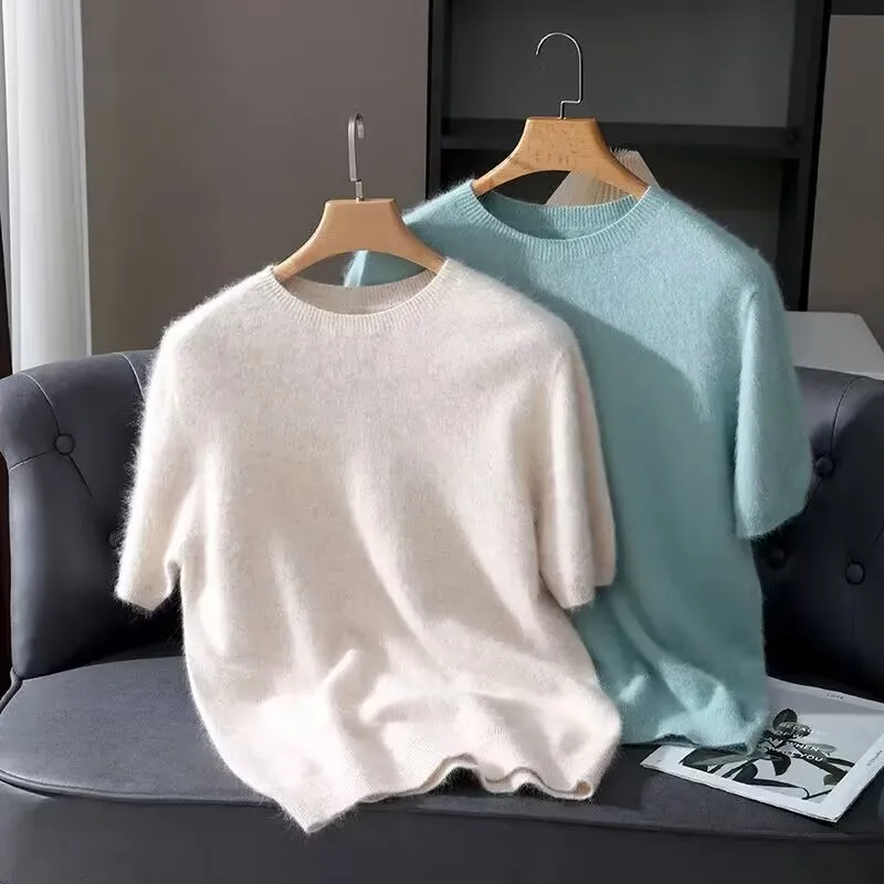 100% Mink Cashmere Knitted Short Sleeved Men's Loose Round Neck Solid Color Half Sleeved Simple T-Shirt Casual Business Cashmere 1