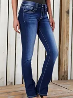Plus size women's high waisted flared pants, retro embroidered back pocket design, deep blue comfortable women's jeans - Image 2