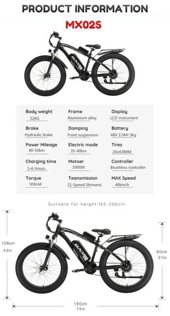 GUNAI MX02S 1000W 26’’ Fat Tire Electric Bike with 48V 17Ah Removable  Battery