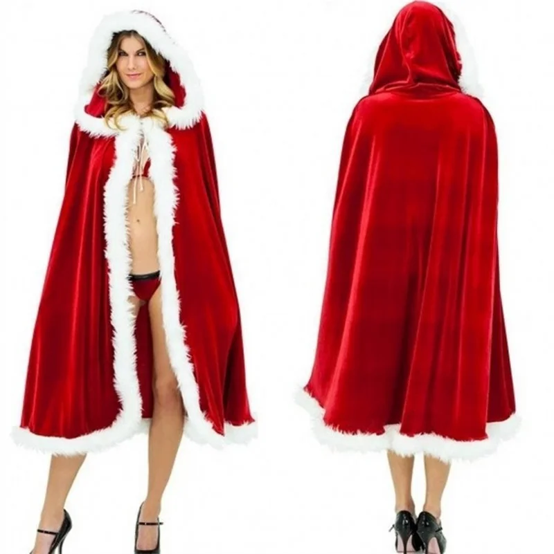 

Kids Adult Red Velvet Hooded Cape Cloak Sexy Santa Cosplay Christmas Costumes Women Carnival Party Clubwear Winter Warm Overcoat