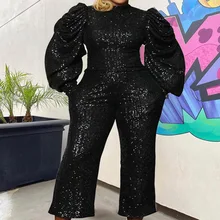

OL Commuter European Women Two Piece Sets Plus Size Sequin Embroidered Bubble Long-sleeved Top High Waist Pants Spring Lady Kits