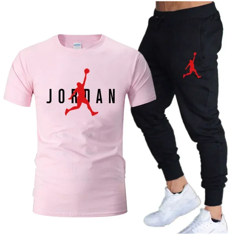Summer Men's Tracksuit Suit Short Sleeve T-Shirt + Trousers 2-Piece Sets Fitness Jogging Sports Pants Sportswear Suit