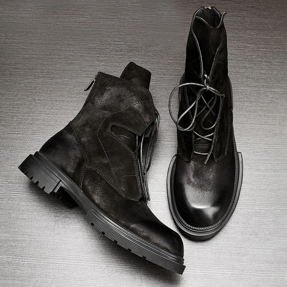 Motorcycle Boots Men High-top Platform Leather Boots Winter Fleece