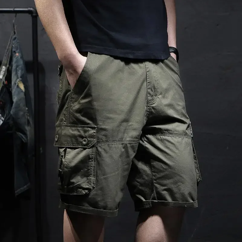 thumbnail image 1 of Pantalones cortos para hombre, anchos, holgados, de gran tamaño, con botones, pantalones cortos cargo para hombre, sueltos, populares, elegantes, casuales, de algodón, vintage, nuevos en Y2k, 1 of 5