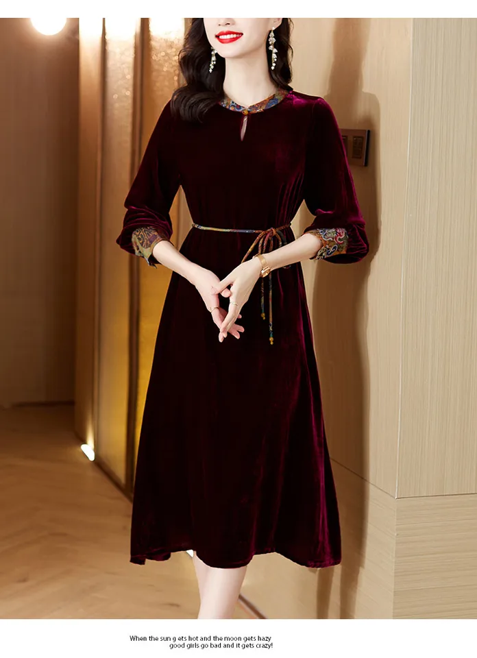 Robe Longue En Velours Côtelé Doré Pour Femme - Manches Longues - Style élégant Automne/hiver - Tissu Doux Et Fluide