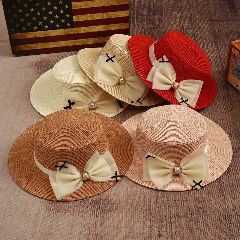 Straw Hat Pearl Hat Summer Beach Hats for Women Fashion Ladies Lace Ribbon  Bow Straw Hat Travel Beach Flat Top Sun Hat 2023 NEW - AliExpress