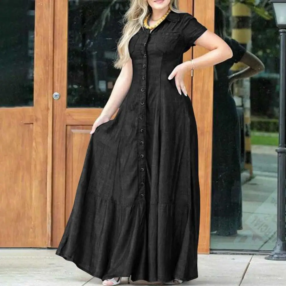 

Women Denim Dress Elegant Women's Denim Dress with Lapel Patch Pockets Ruffle Hem A-line High Waist Long Dress for Casual