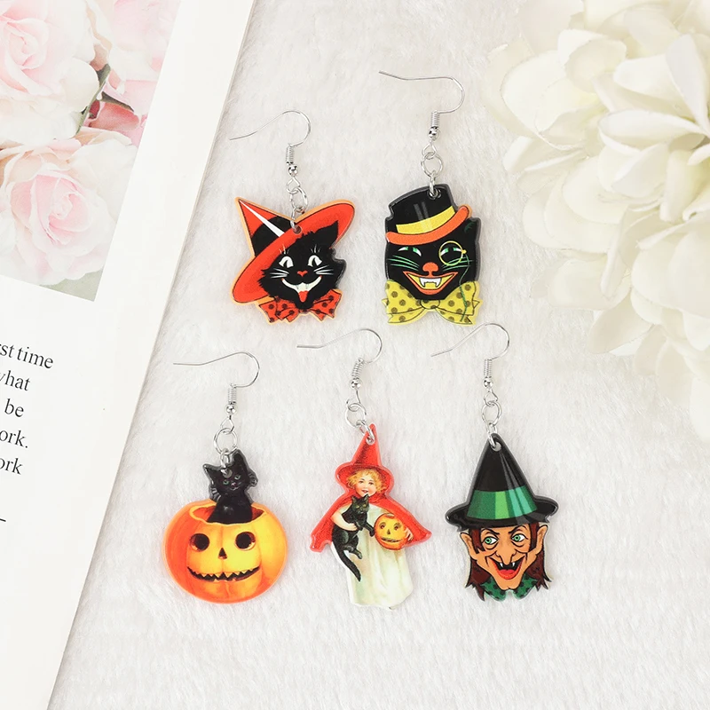 Boucles D'oreilles Chat Noir Halloween BAMAY - Pendentifs Acrylique Citrouille - Cadeau Femme Fille