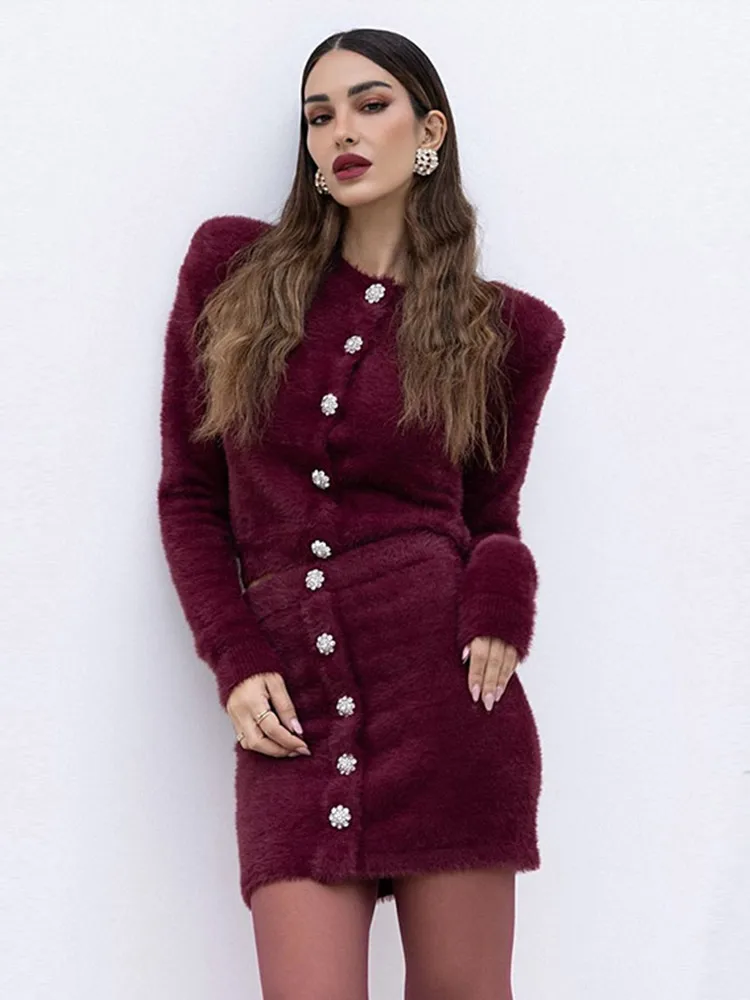 Plüsch frauen Pullover Rock Sets Rundhals Einreiher Weiche Elastische Weibliche Top Hohe Taille Wrap Hüfte Kurze Röcke Für damen – Detail 5