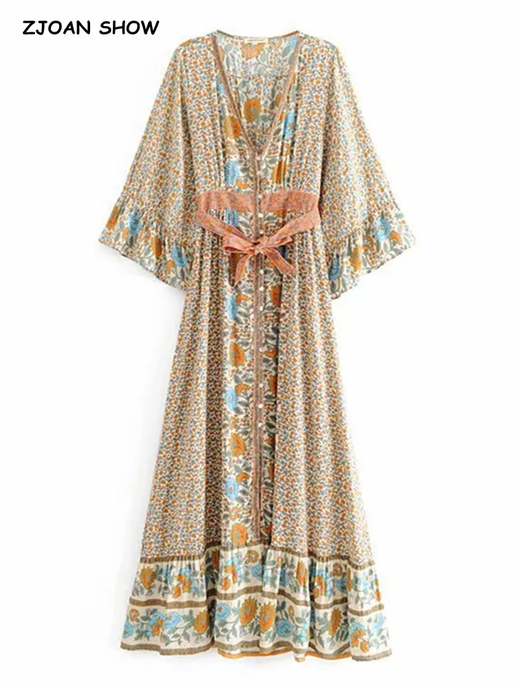 

V neck Sunflower Floral Print Women BOHO Dress Beige Bow Sashes Single-breasted Button Flare Sleeve Maxi long Swing Dresses