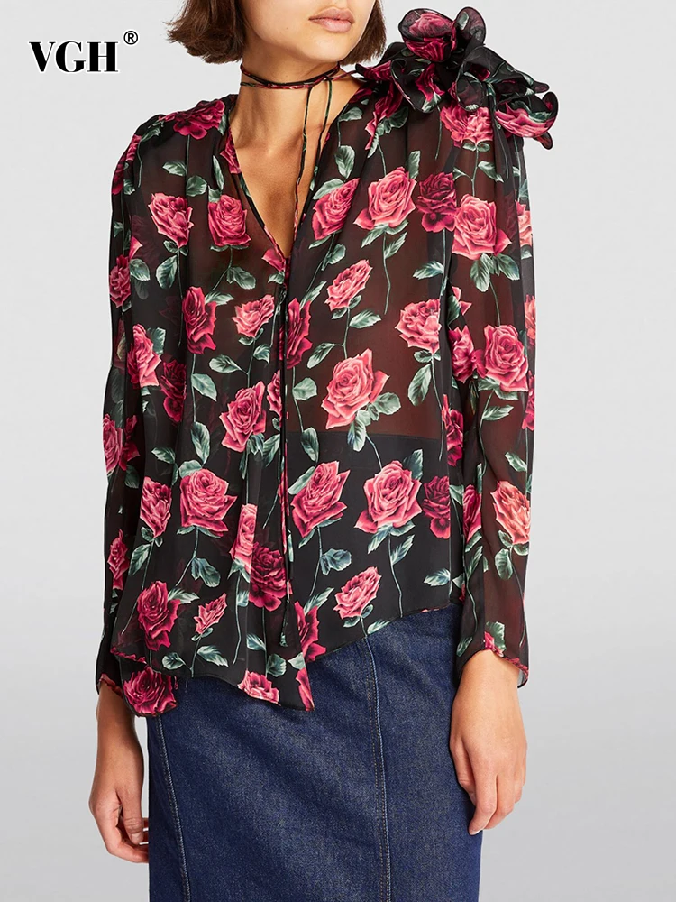 

VGH Spliced Appliques Floral Printing Vintage Blouses For Women V Neck Long Sleeve Colorblock Casual Loose Shirts Female Style