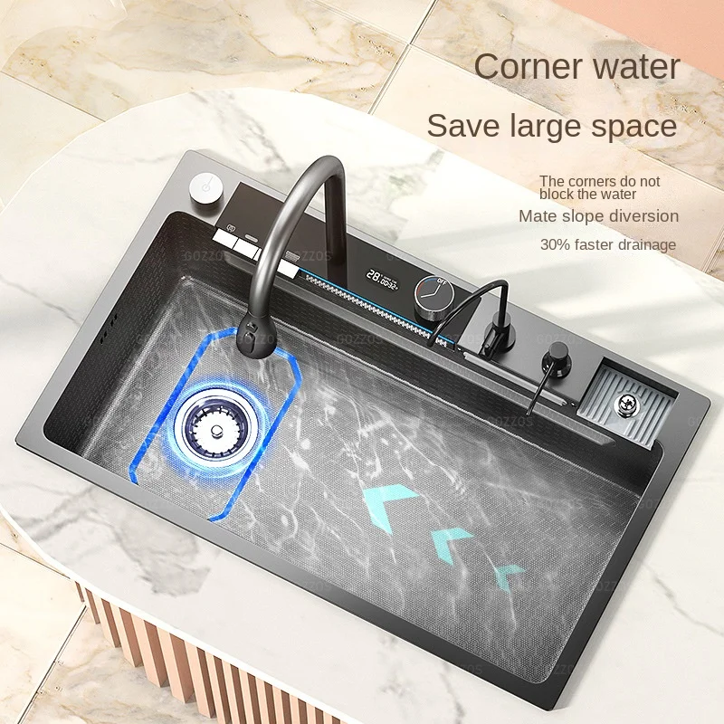 Waterfall Kitchen Sink Single-Slot intelligent Stainless Steel Smart Honeycomb embosse