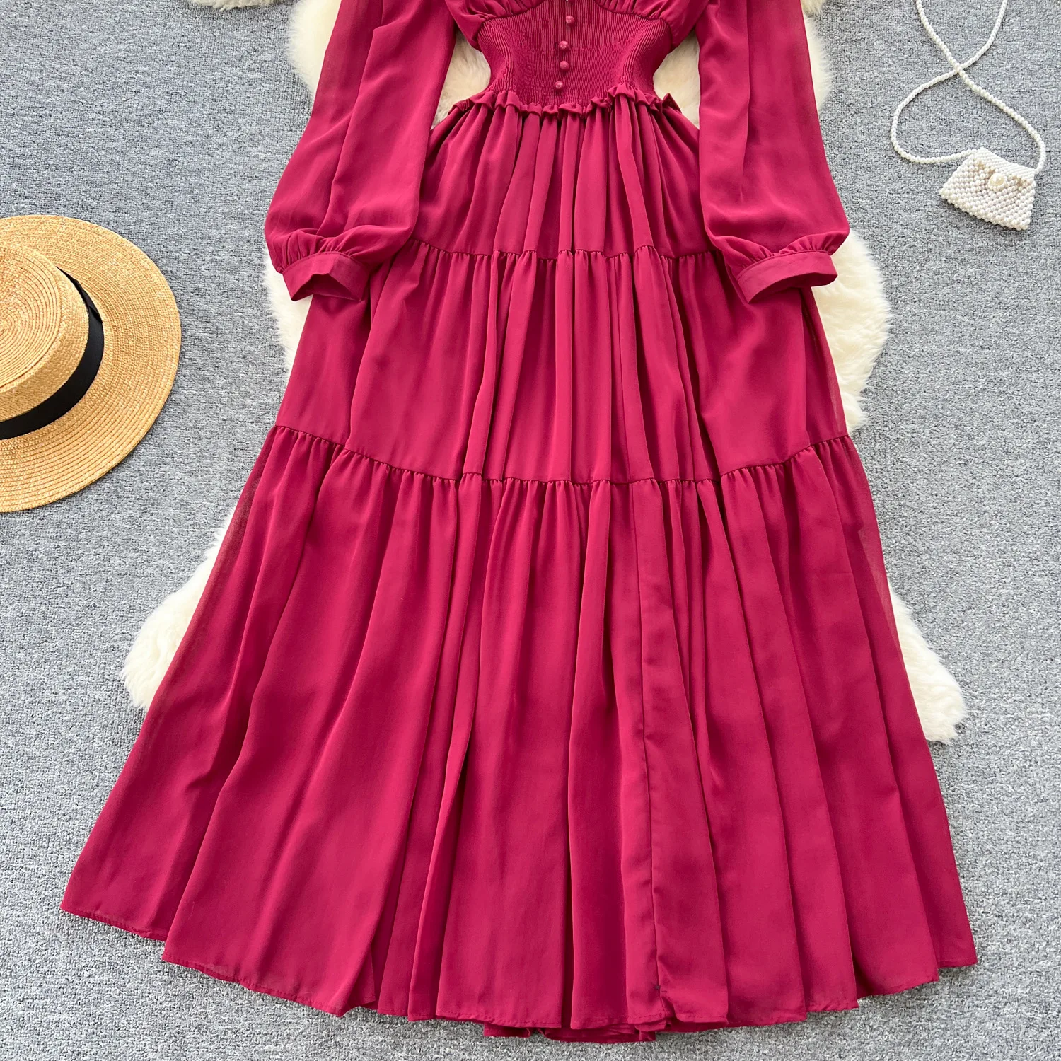 Vintage Chiffon Long Dress Women Elegant V-neck Long Sleeved Casual Dresses French Pleated Slim A-line Long Robe Vestidos
