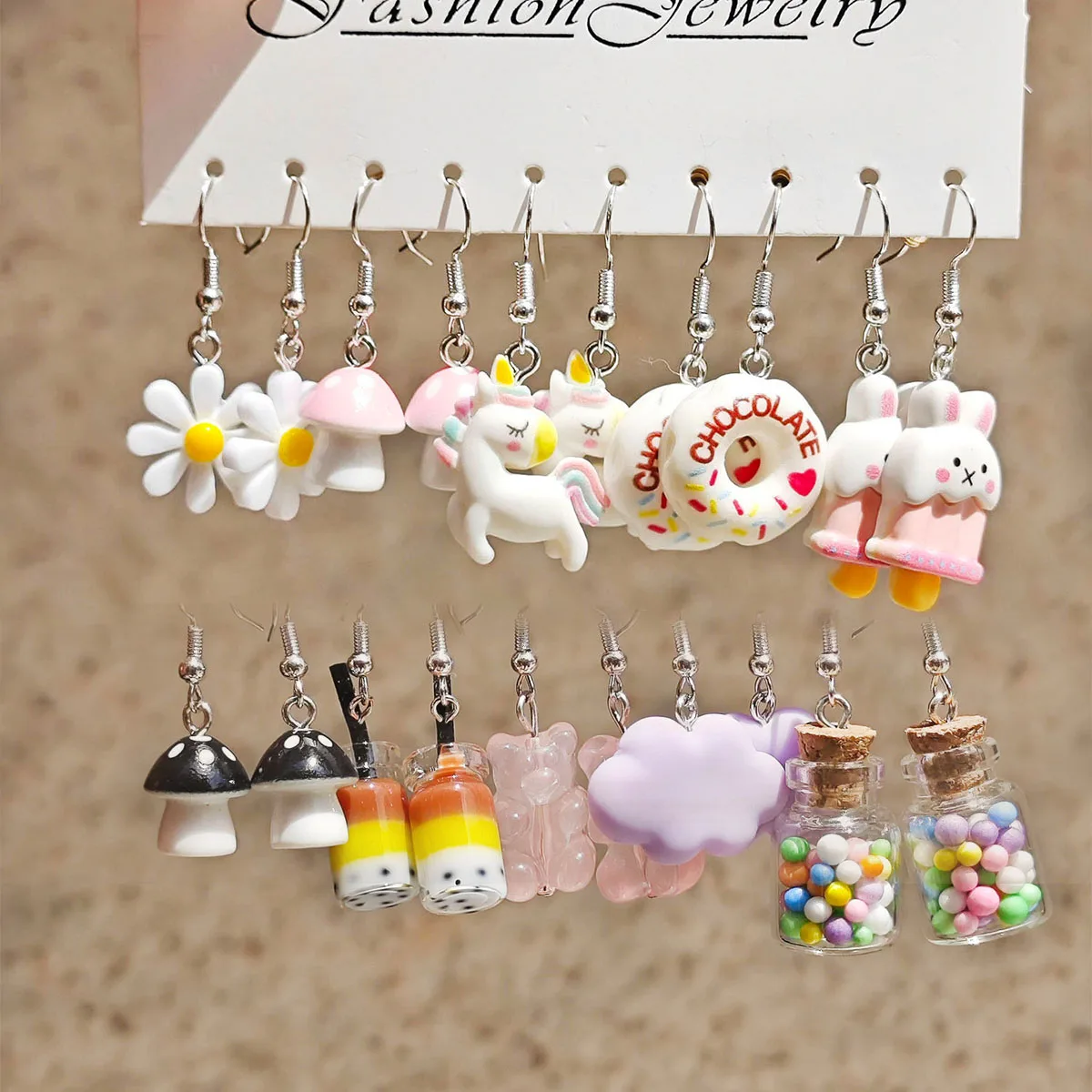 Small Fresh Colored Resin Animal Pendant Earrings Art Sweet and Cute Flower Butterfly Milk Tea Earrings Female 10 Pair Set pendant earrings