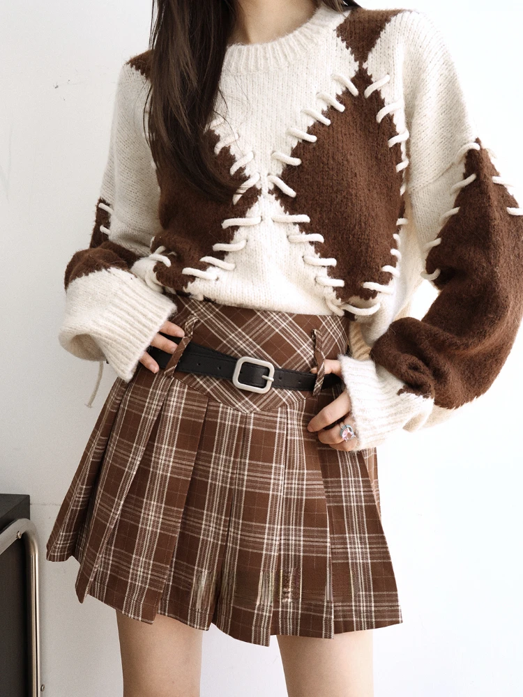 

Casual Women's Sweater O-Neck Diamond Check Spliced Sweater Vintage Autumn/Winter New 2023 Grey White Loose Women Pulovers