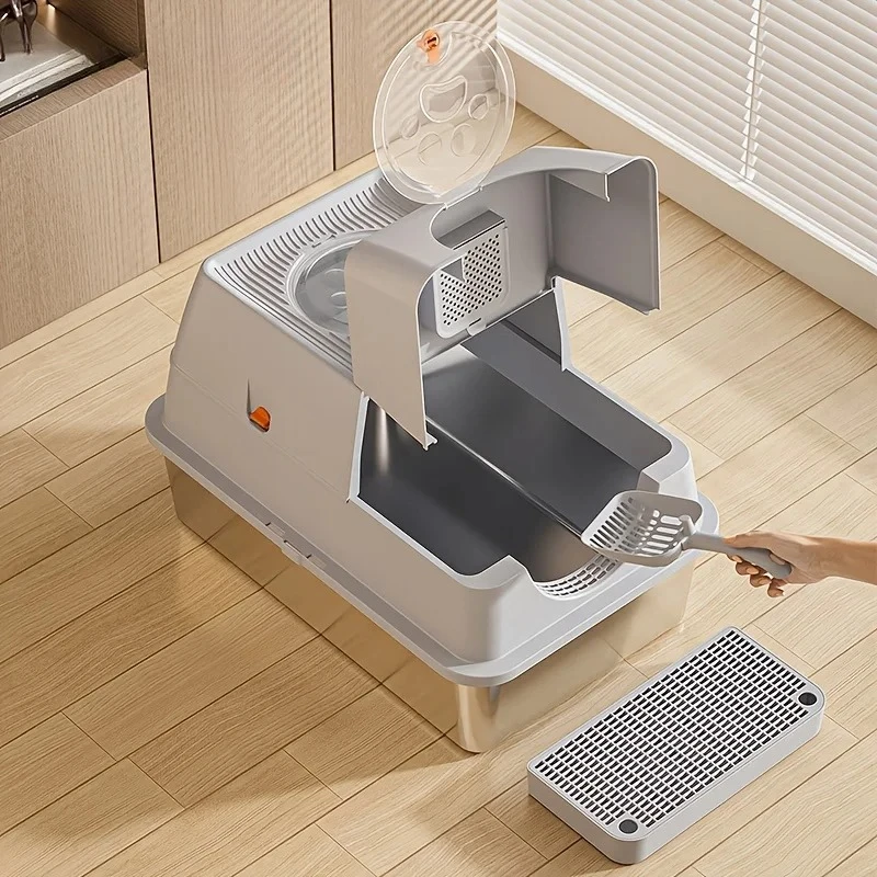 스테인리스 스틸 고양이 화장실 (뚜껑 포함) - 냄새 차단 밀폐형 높은 측면 디자인, 스쿱 포함, 누수 방지 및 간편 세척