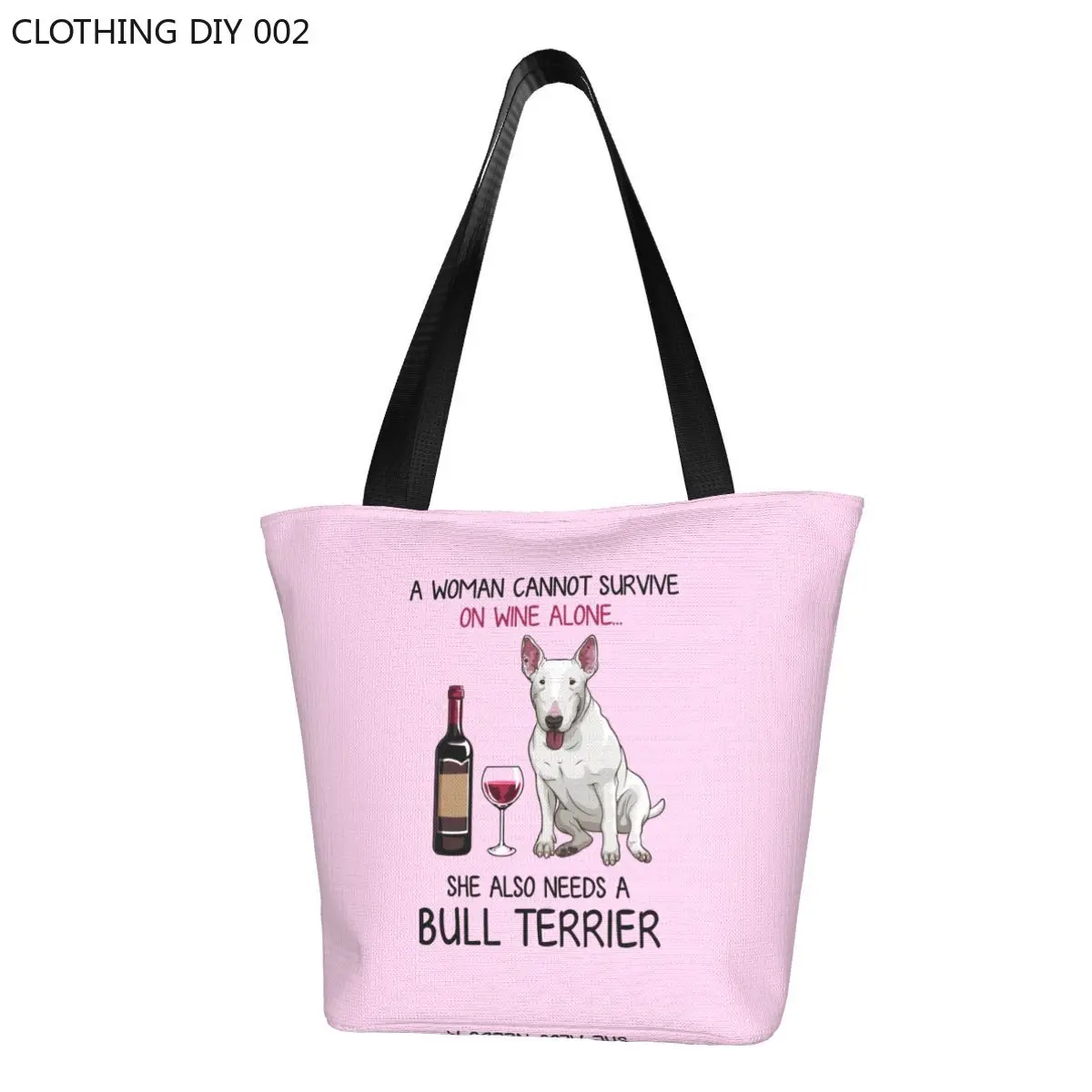 

Bull Terrier And Wine Funny Dog Groceries Shopping Bags Print Canvas Shopper Tote Shoulder Bags Big Capacity Pet Puppy Handbag