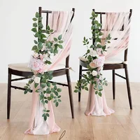 3Pcs Chiffon Chair Sashes Wedding Chair Covers Ribbon Baby Shower Party Aisle Artificial Flower Chair Cover Hotel Banquet Decor 2