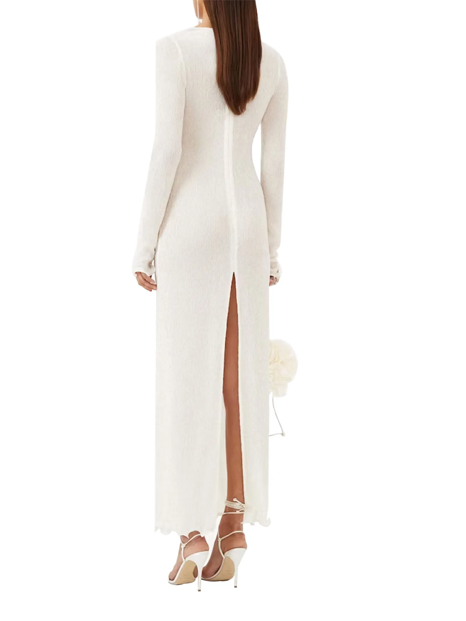 

WangsCanis Abito da donna trasparente decorato con fiori abito a maniche lunghe maxi elegante abito con cerniera abito da