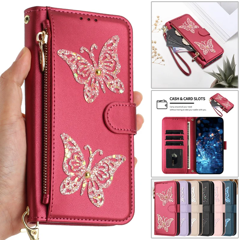 Wrist Strap Flip Leather Phone Case with Zipper Wallet and Card Holder