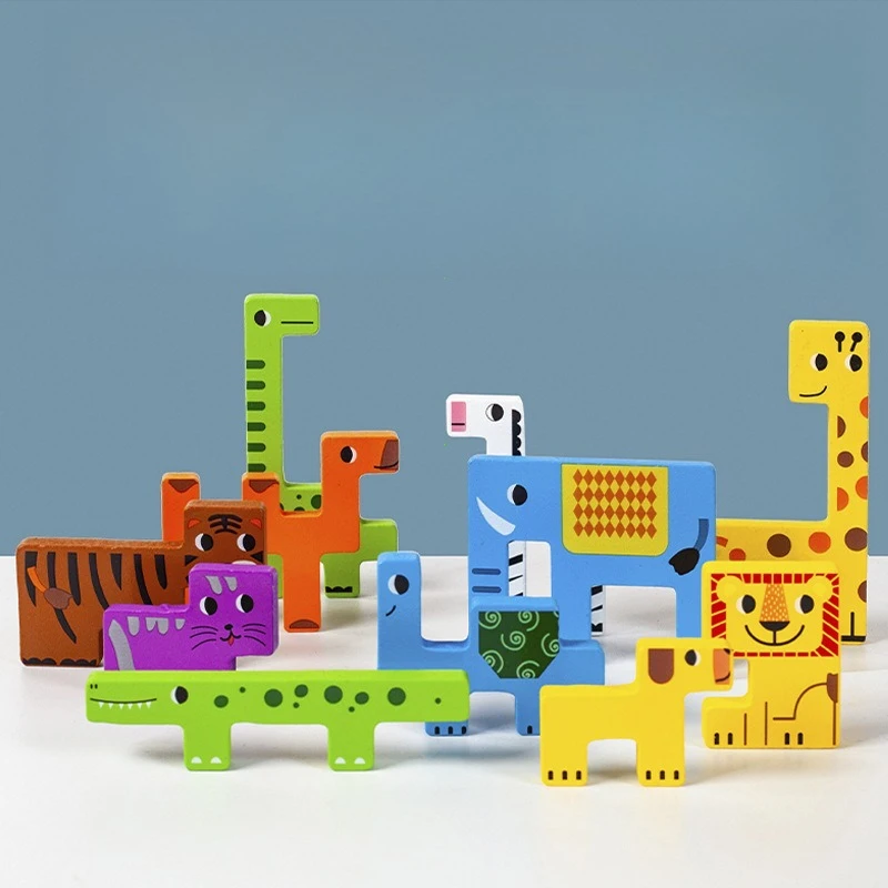 Montessori Cartoon 3D Puzzle Wooden Tangram Math Toy Cube Game Children Pre-school Magination Shapes Puzzle Educational Toy Kids