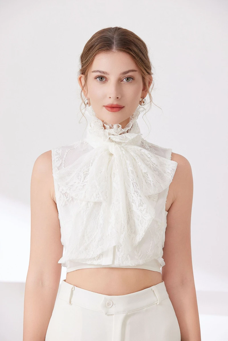 Rüschen-Schleifen-Krawatte, dekorativer Fake-Kragen, abnehmbarer Damen-Pullover, halbes Hemd, hoher Kragen für Frauen und Mädchen – Detail 4